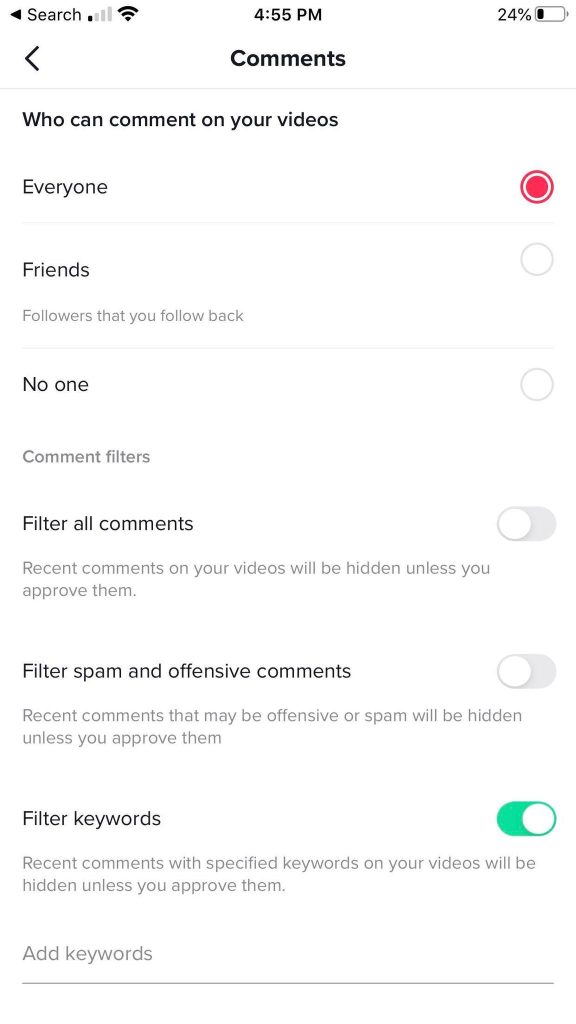 TikTok Comments Settings