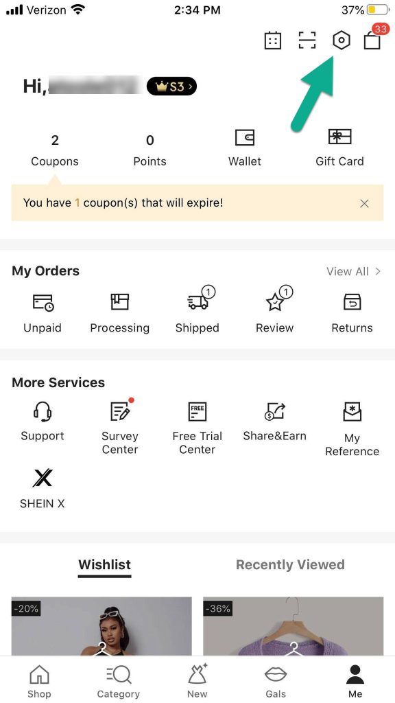 Settings Icon, Shein App