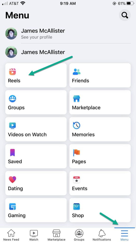 Facebook Reels In Menu Section