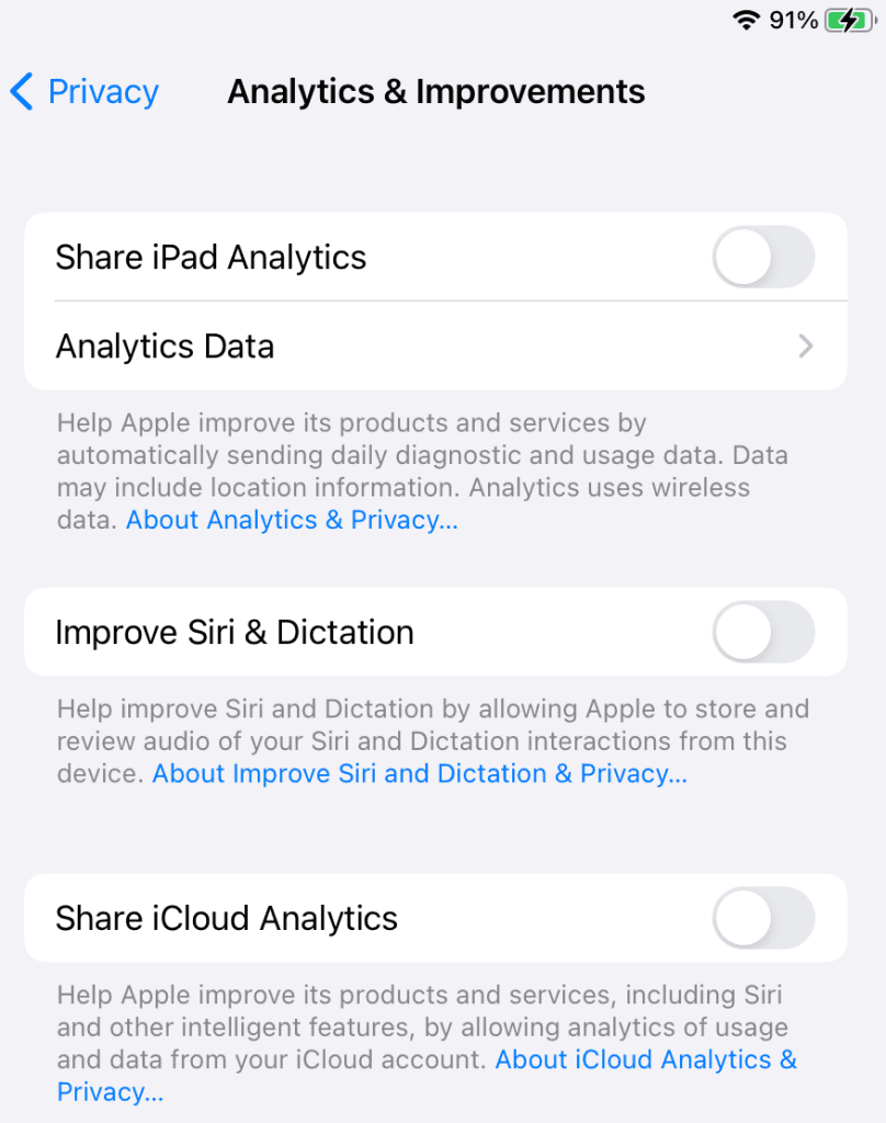 Share iPad Analytics Page, iPad Settings