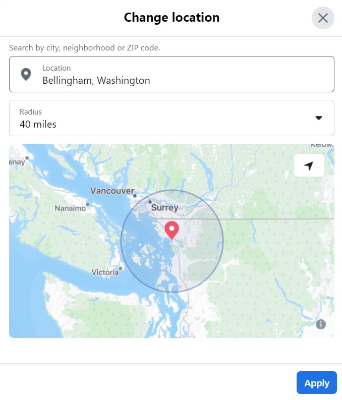 Change Location Box, Facebook Marketplace, Desktop