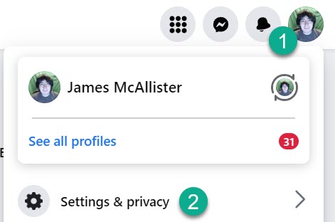 Settings And Privacy Button, Facebook Desktop