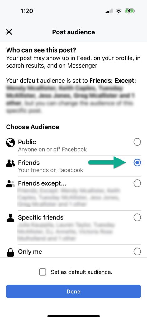 Post Audience Settings, Facebook Mobile App