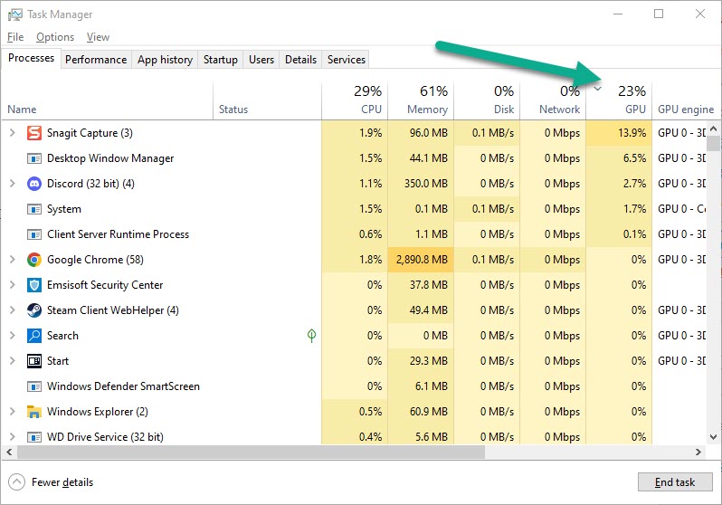 Sort By GPU Usage, Task Manager